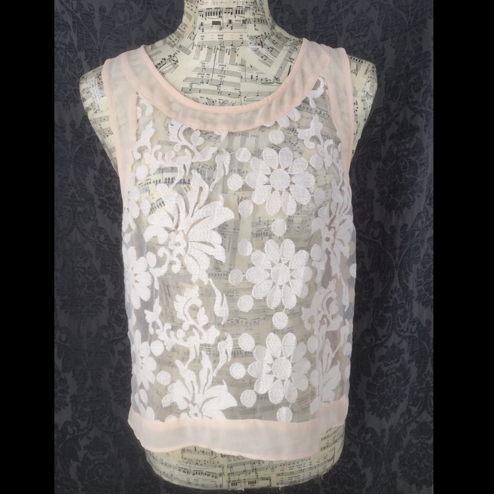 ASTR M Orange Netted Floral Embroidered Tank Top